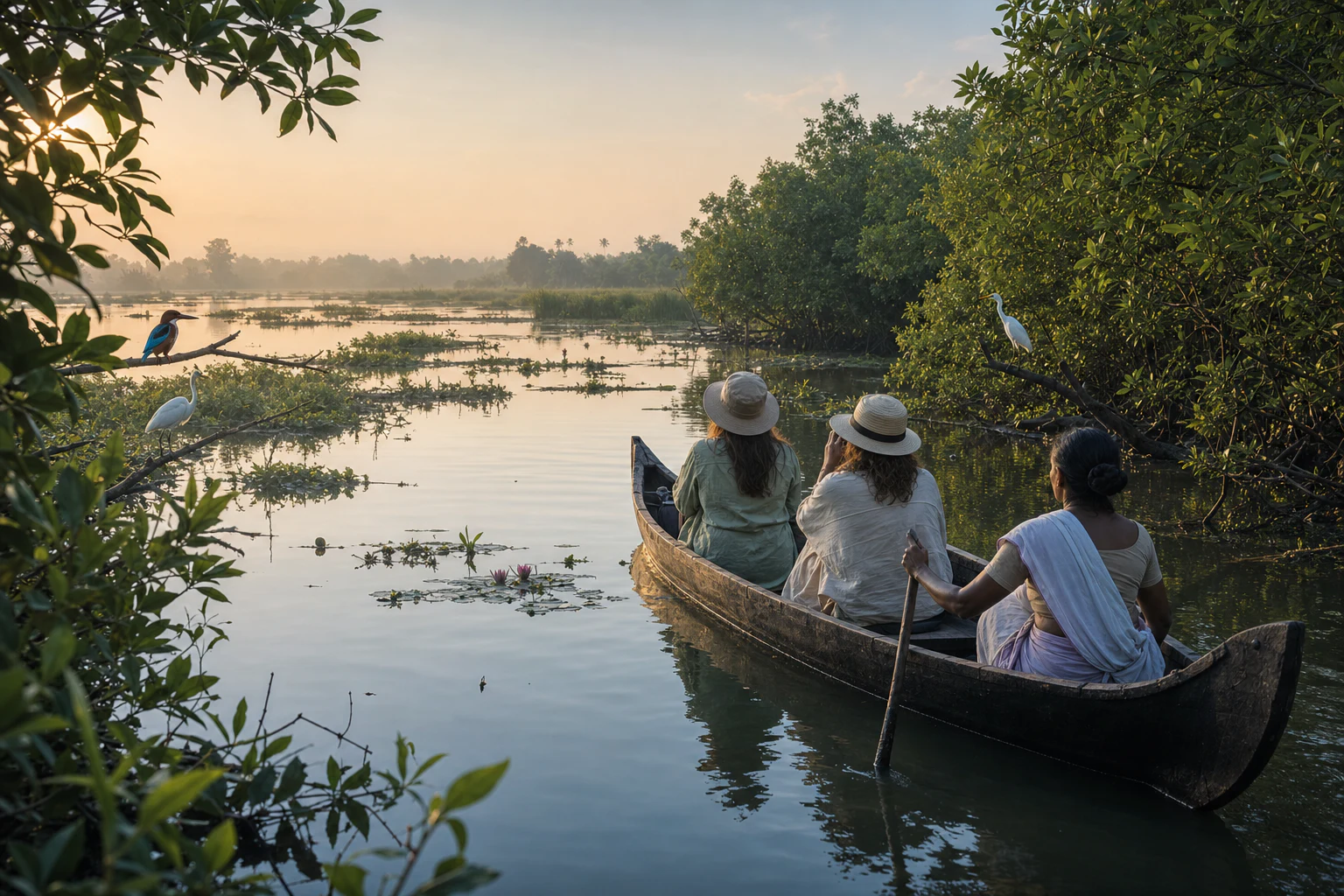 Каноэ на тихом канале среди пальм в Kumarakom
