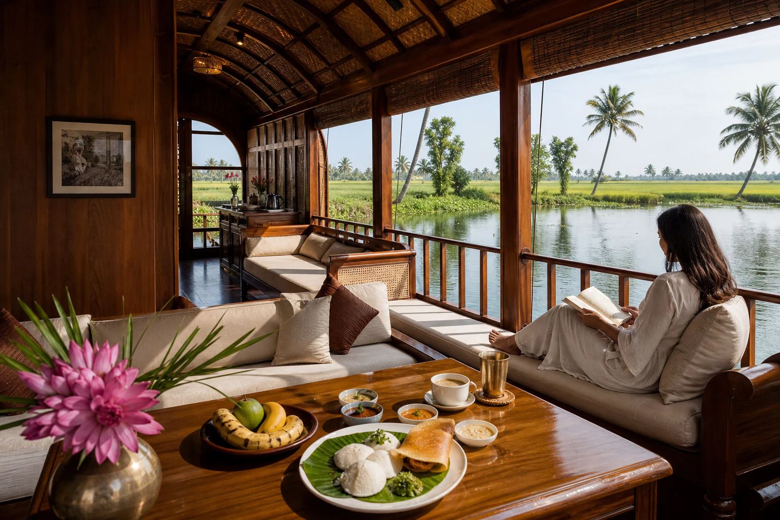 Светлый интерьер традиционного хаусбота в Alleppey