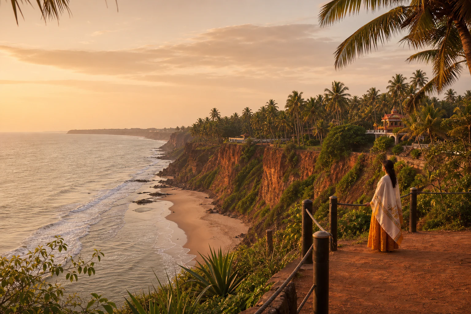 Красные скалы и пляж Varkala на закате