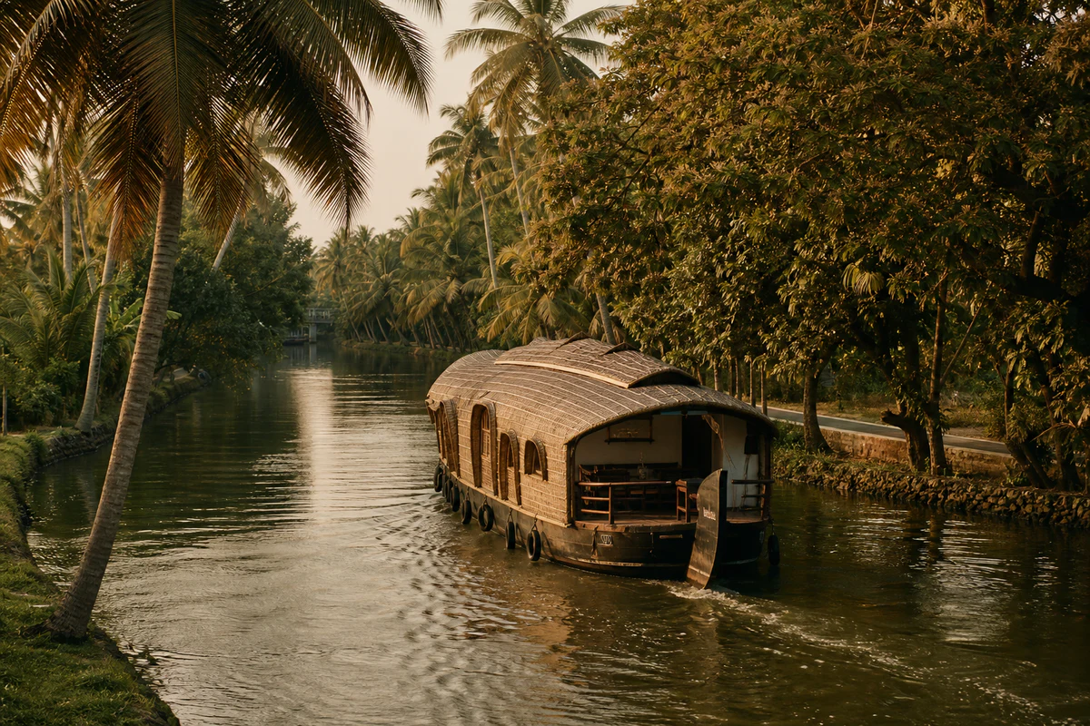 Традиционный хаусбот движется по каналу Alleppey