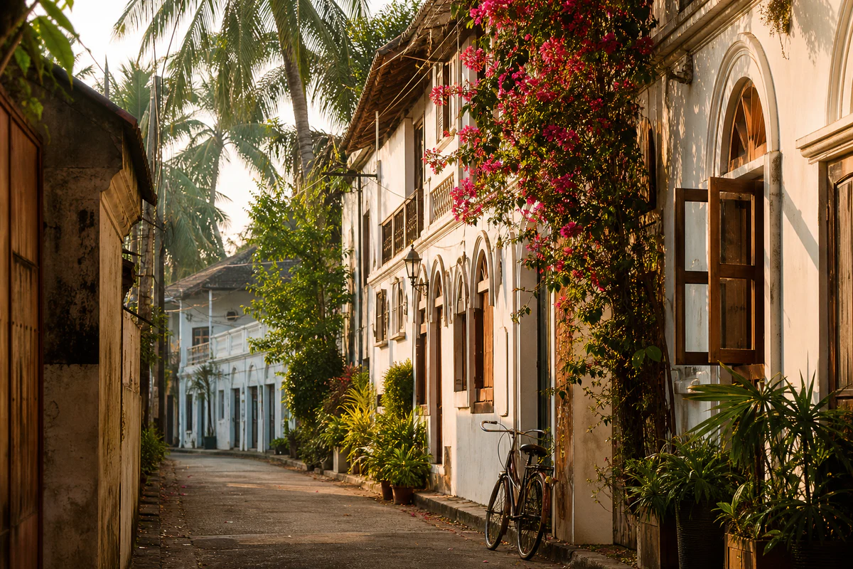 Тихая heritage-улица Fort Kochi с белыми фасадами и бугенвиллией