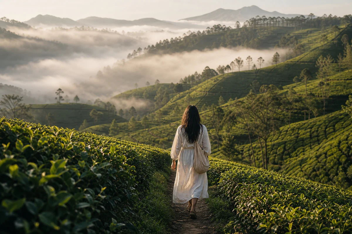 Женщина идёт по тропе между чайными плантациями Munnar