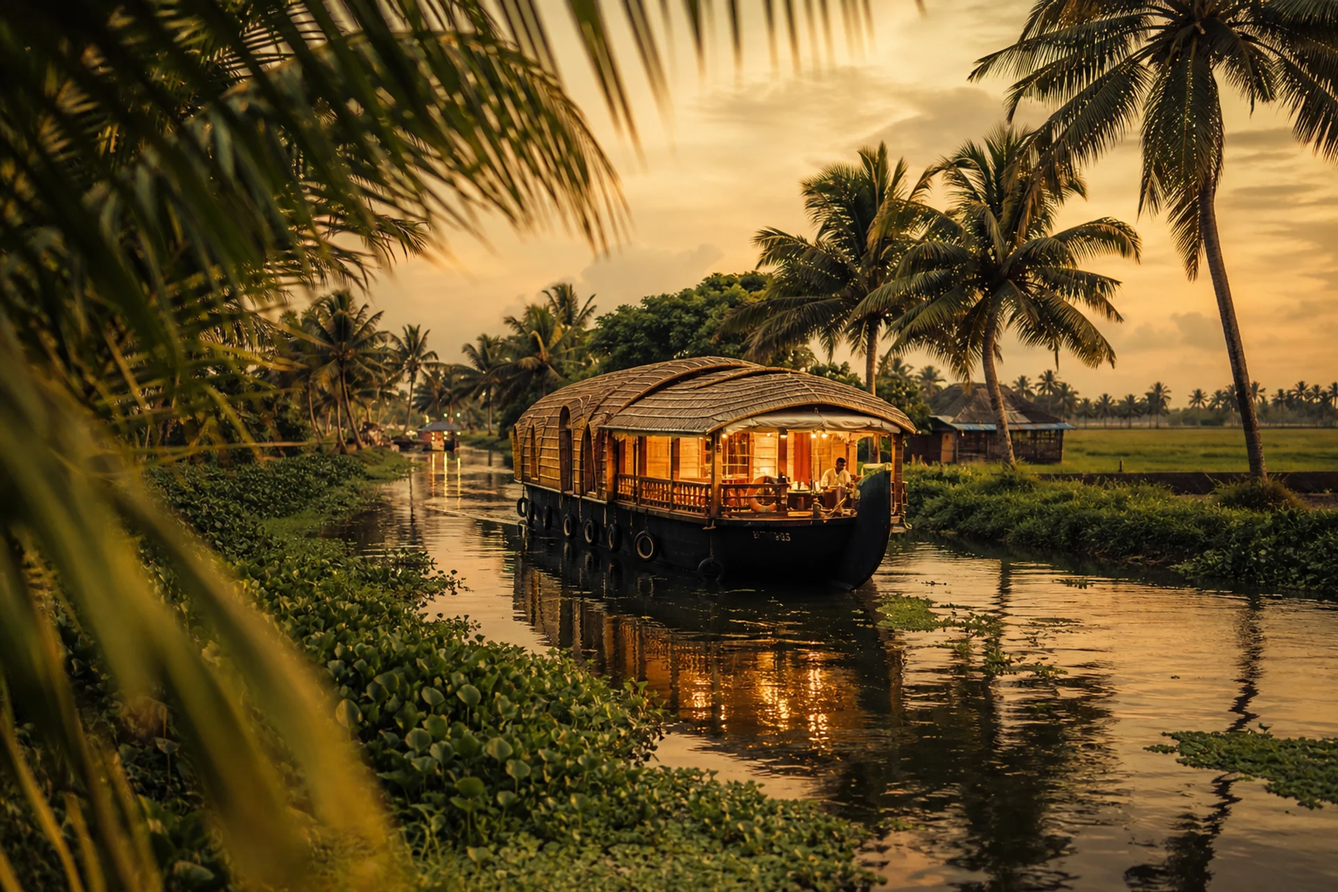 Традиционный хаусбот с тёплыми огнями на канале Alleppey