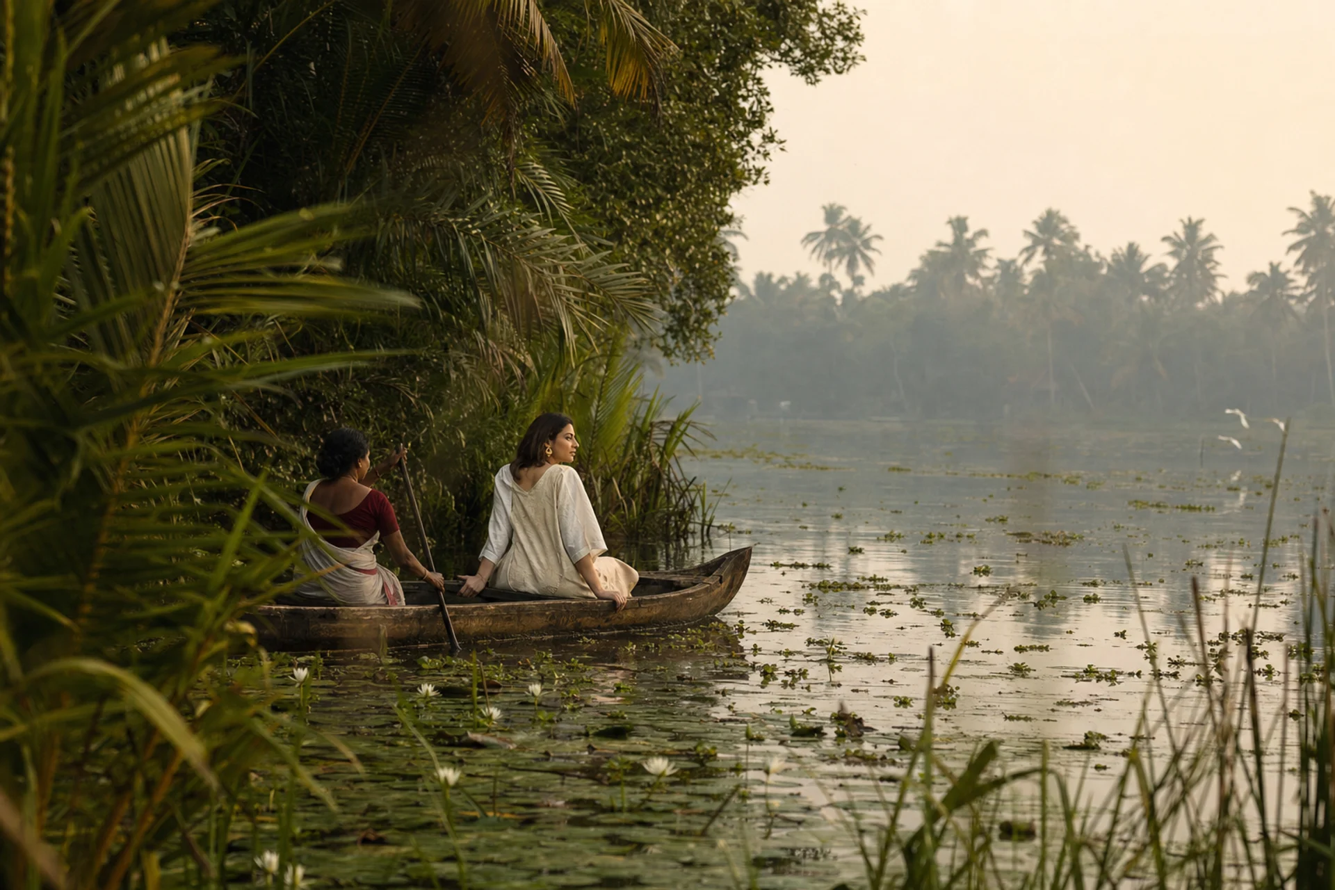 Две женщины плывут на каноэ среди мангров Kumarakom