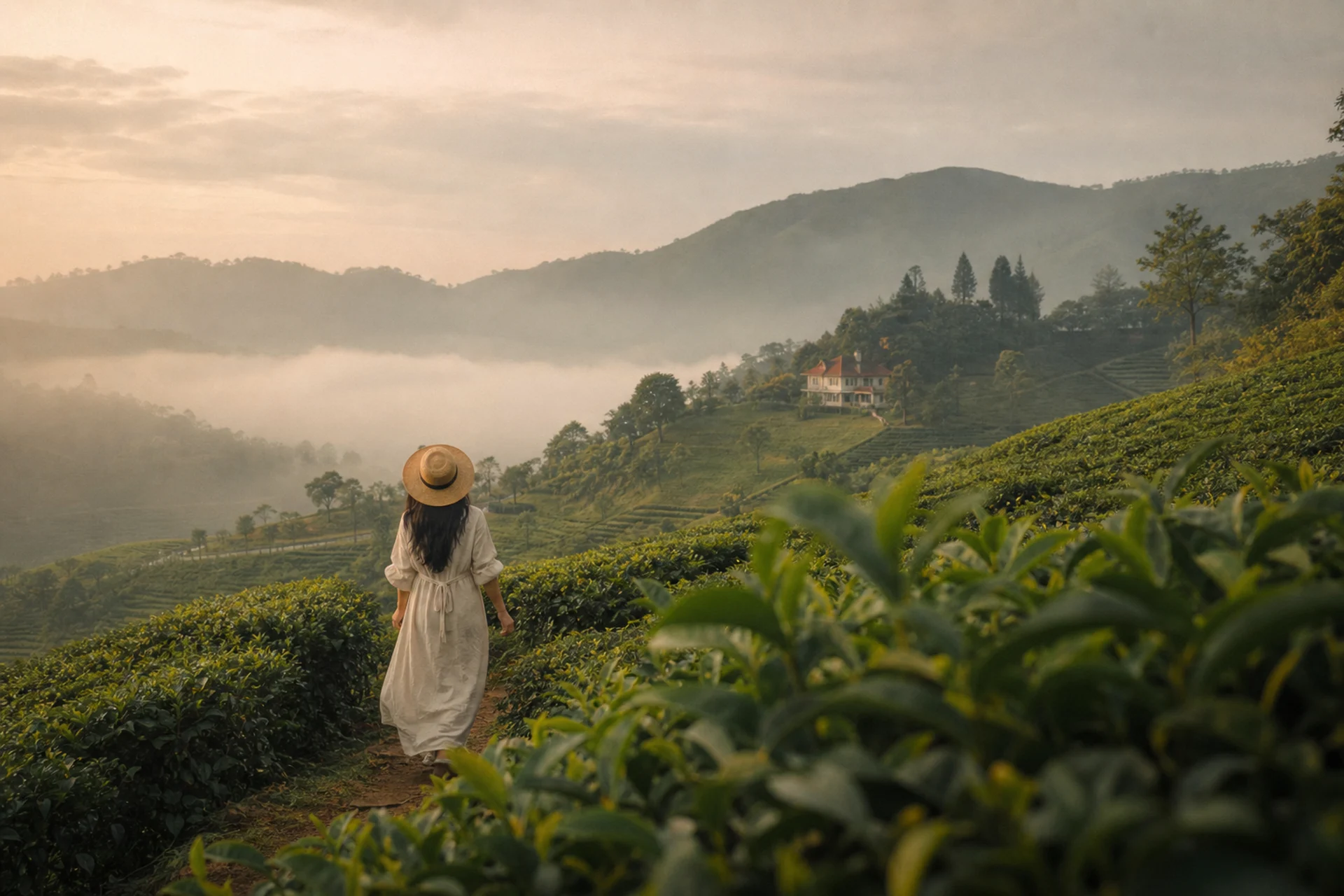 Женщина идёт через чайные плантации Munnar к старому бунгало