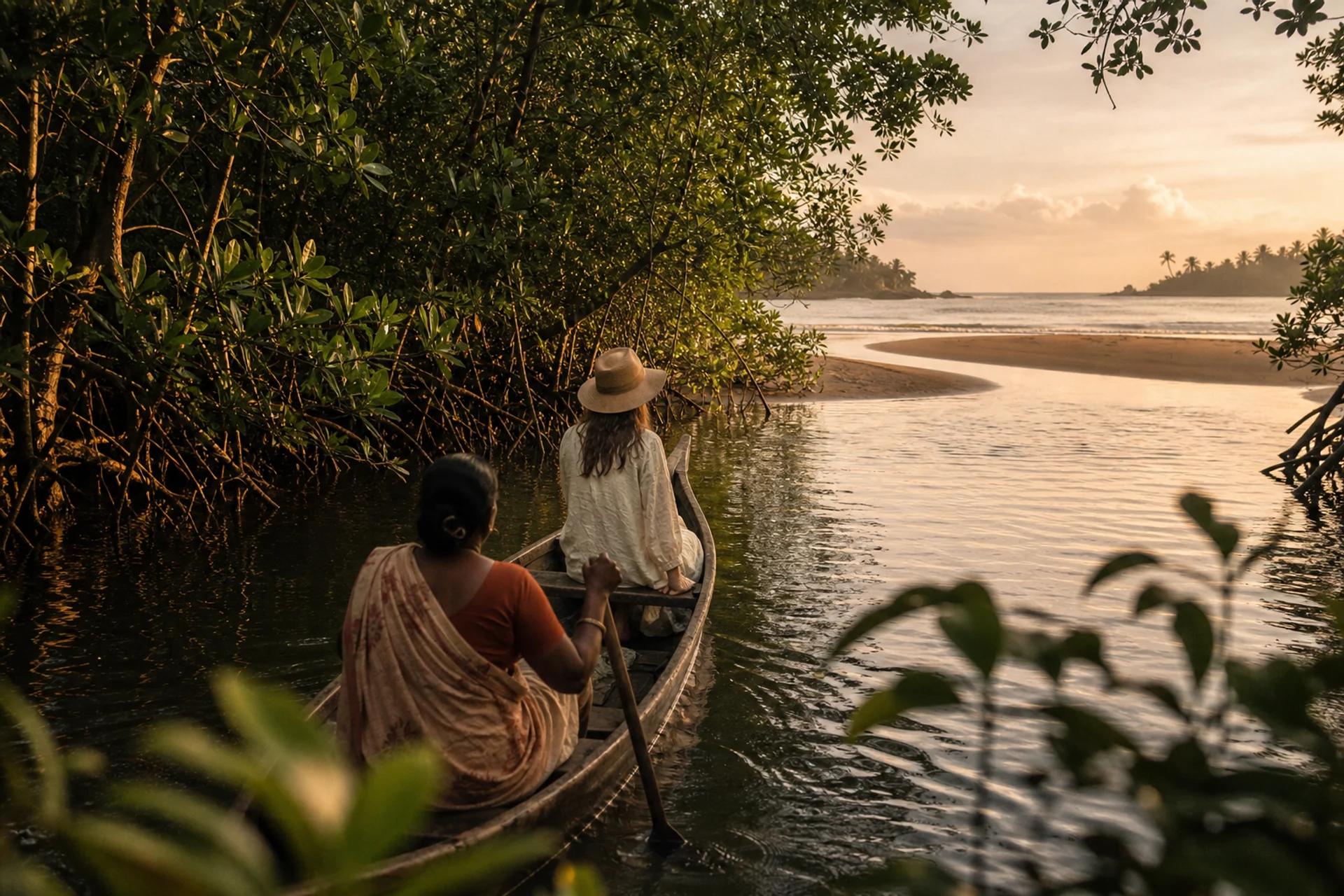Лодка проходит через мангры к песчаной косе Poovar